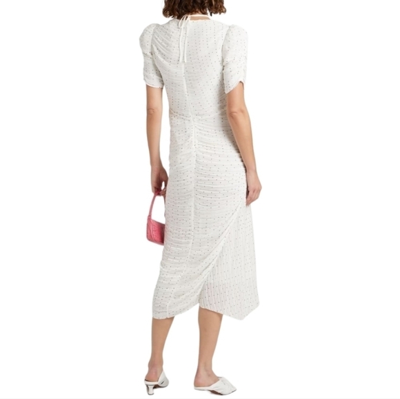 FRAME Ruched Tie-Neck Polka-Dot Midi Dress, White | Black, Medium, NWT - Picture 2 of 16